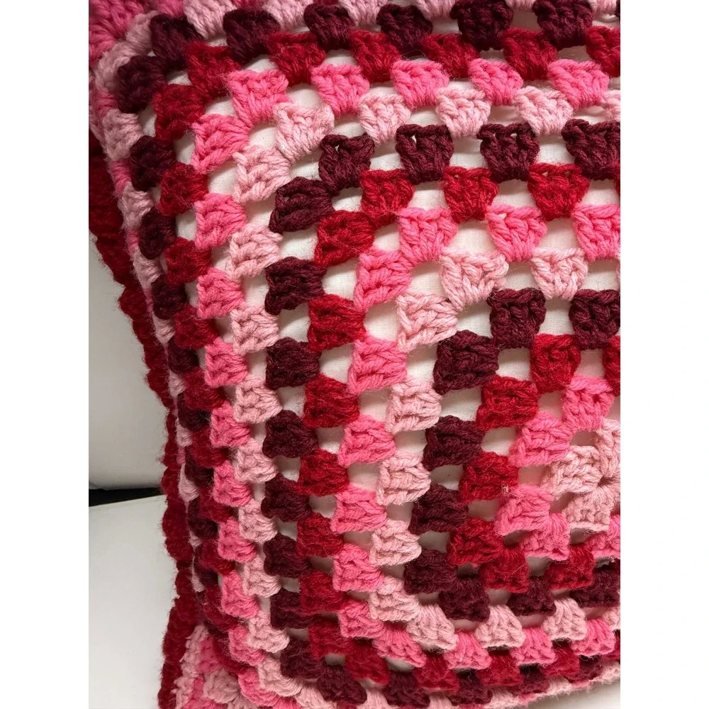 Handmade Crochet Granny Square Throw Pillow Pink Red Burgundy Retro Decorative
